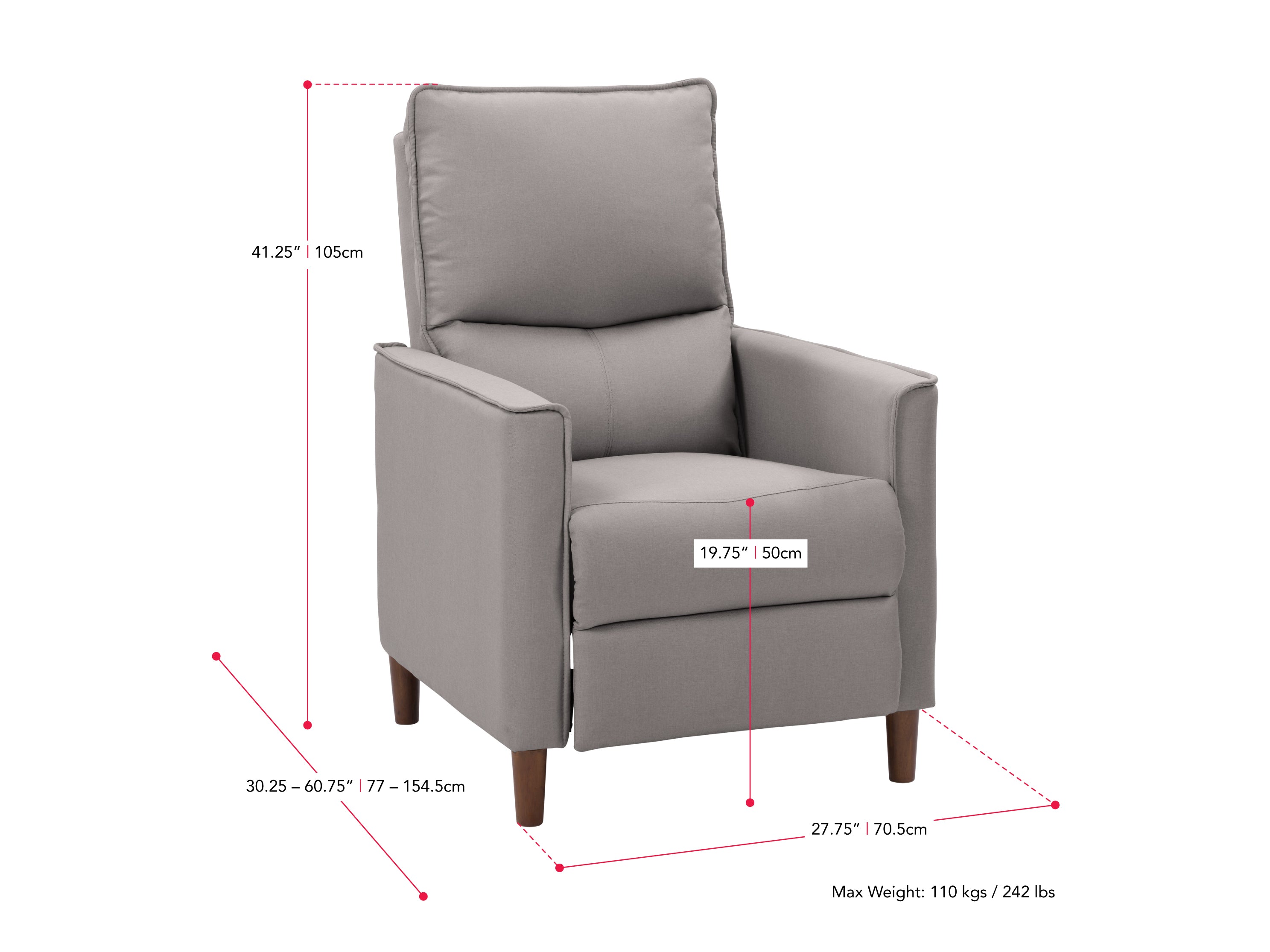 light grey Mid Century Recliner Alder Collection measurements diagram by CorLiving#color_light-grey