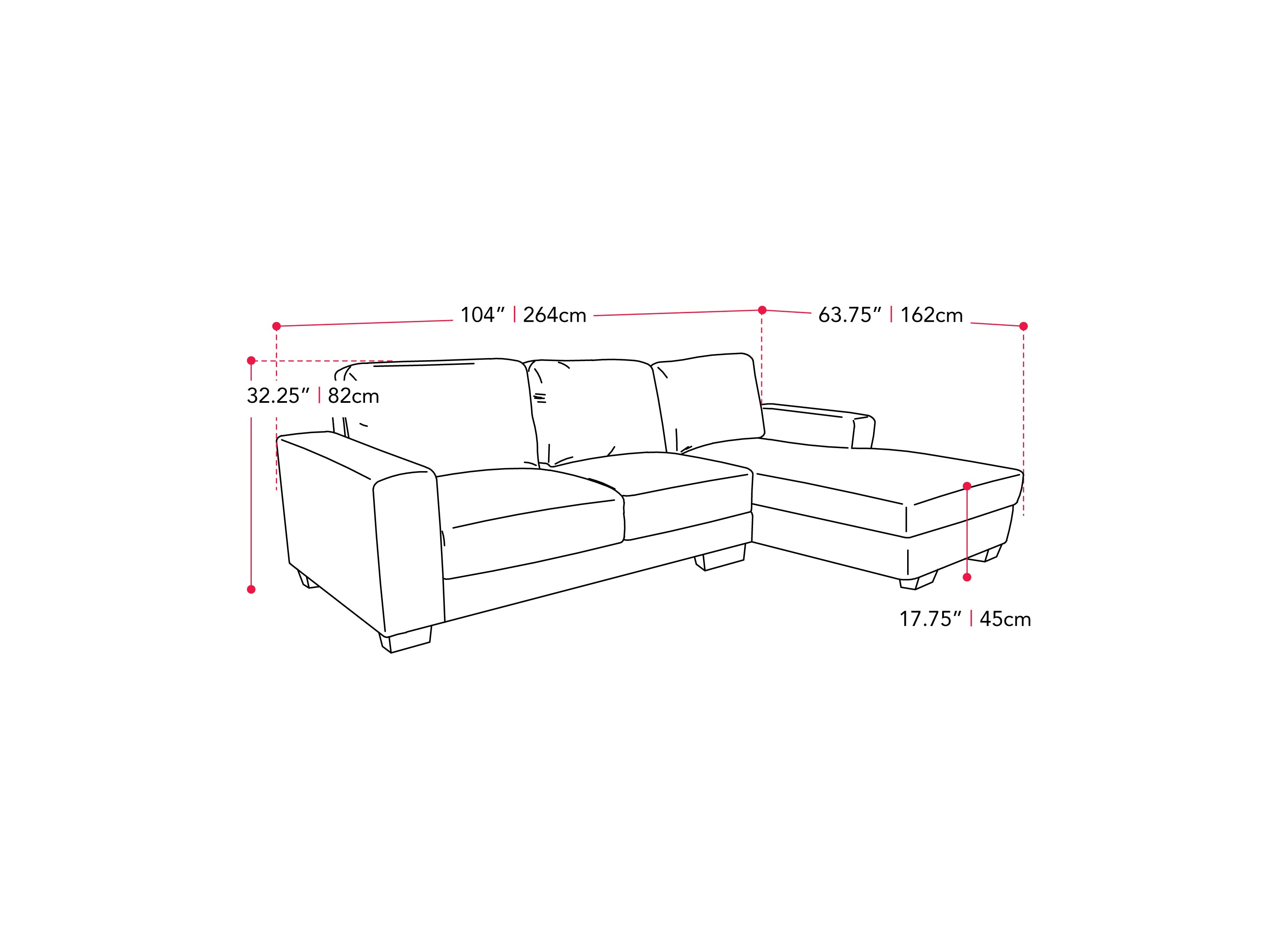 light grey Wide Sectional Couch, Left Facing Lyon collection measurements diagram by CorLiving#color_light-grey