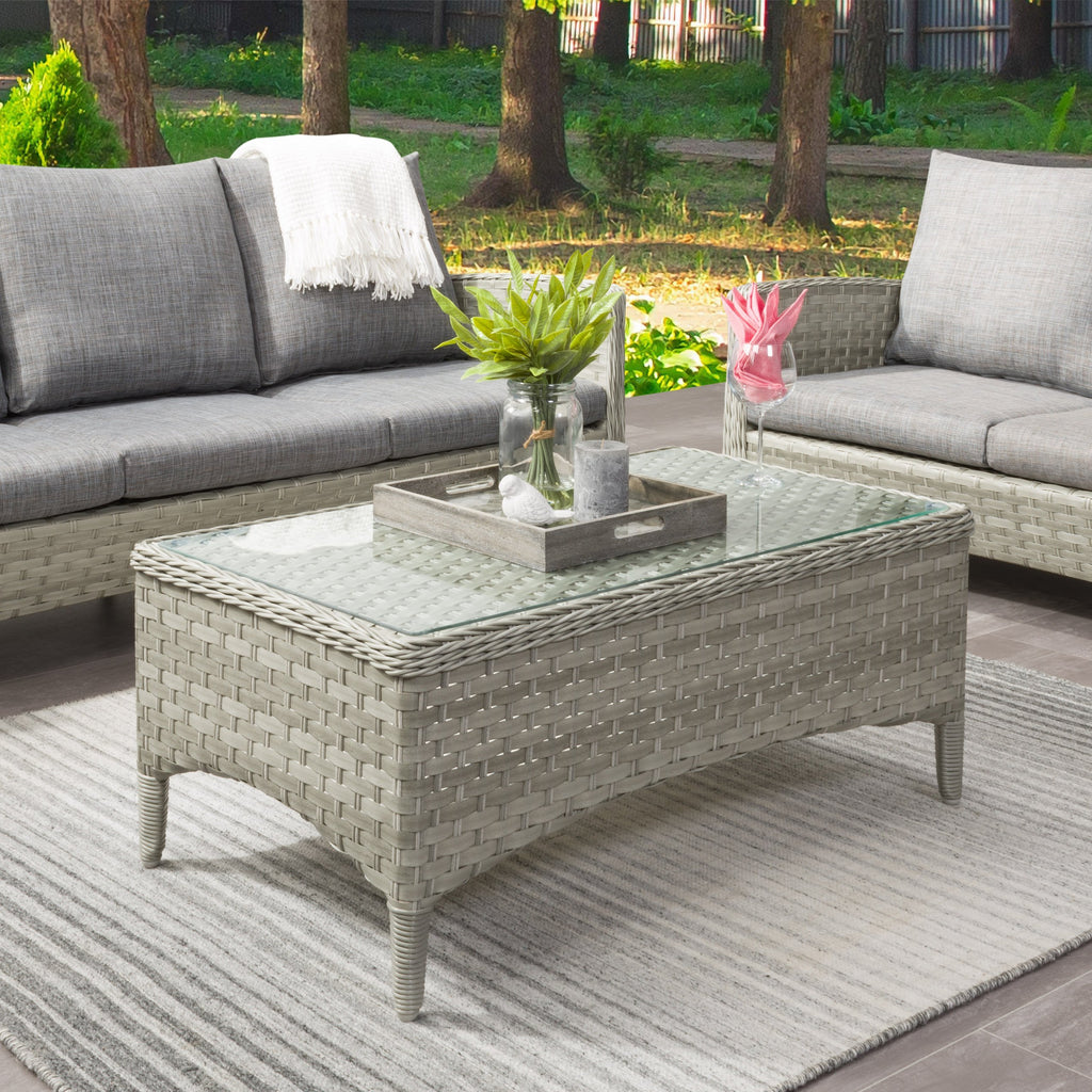 Parkview Wide Rattan Wicker Rectangle Patio Coffee Table with Glass Ta