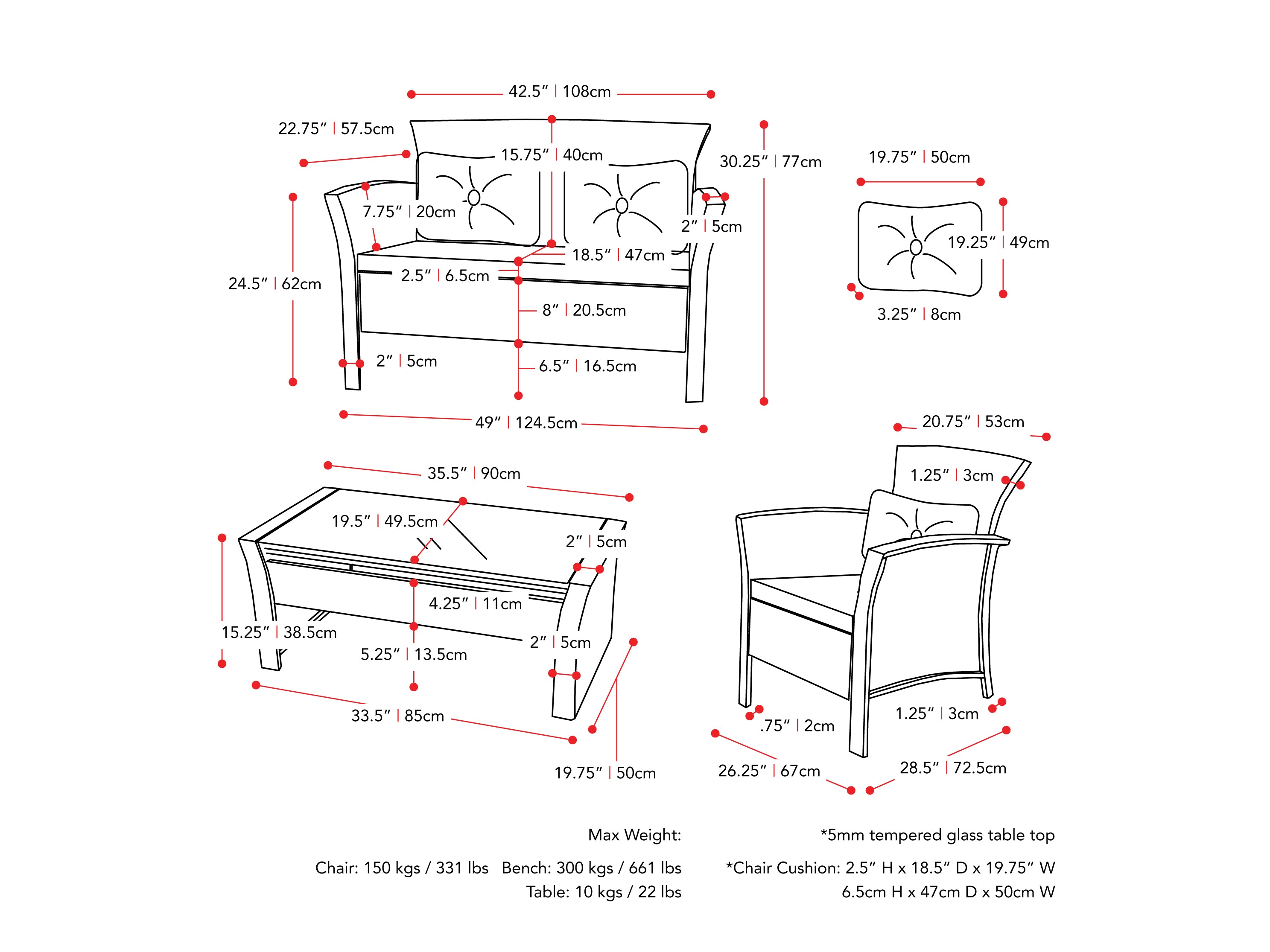 black and navy blue Wicker Patio Set, 4pc Cascade Collection measurements diagram by CorLiving#color_black-and-navy-blue