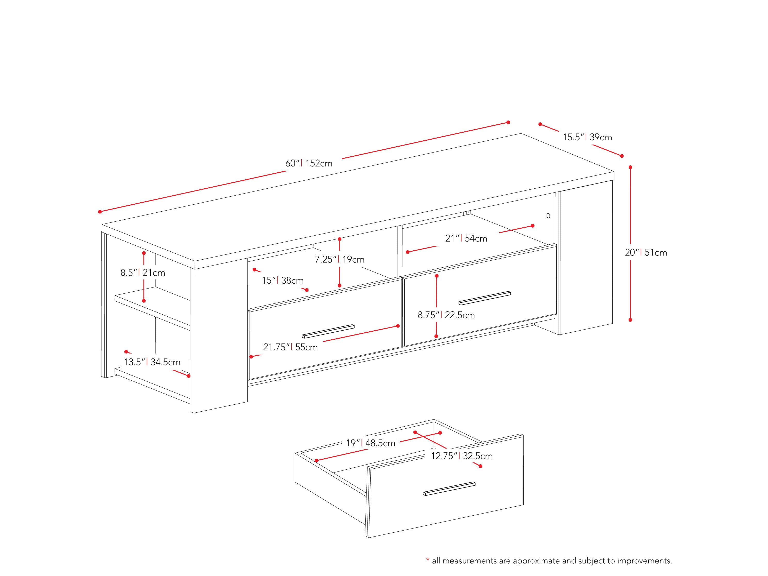 black TV Stand for TVs up to 75" Fernbrook Collection measurements diagram by CorLiving#color_black