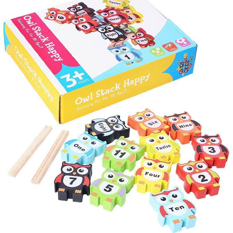 12Pcs Wooden balance toys for kids building block color digital Owl block Early Educational brick toys table game