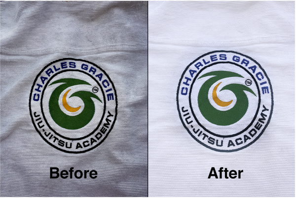 Before & After Picture of a Jiu Jitsu Gi that has been washed with PORRADA™ Ultimate Gi Wash