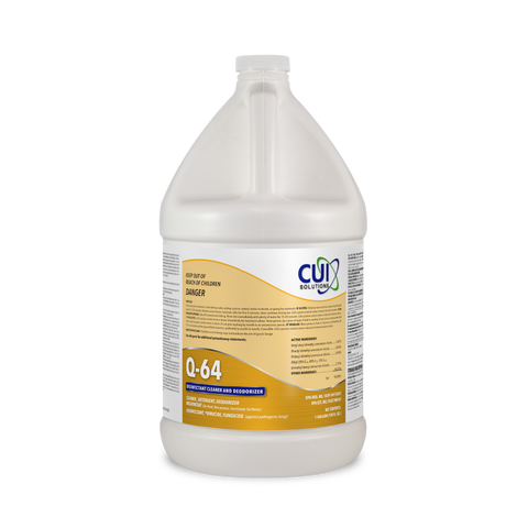 Q-64 Disinfectant Cleaner and Deodorizer is a phosphate-free, pH neutral formulation designed to provide effective cleaning, deodorizing, and disinfection for hospitals, nursing homes, day-care facilities etc. Each gallon dilutes into 256 quart spray bottles.