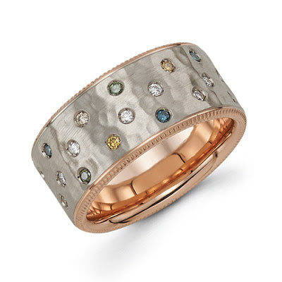 Celestial Band with multicolor diamonds and 14k rose and grey gold designed by Michael's Custom Jewelers on Cape Cod