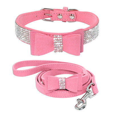 Leash-Set Studded Dogs-Collar Crystal-Diamonds Puppy Rhinestone Bling Cute Small Bowknot