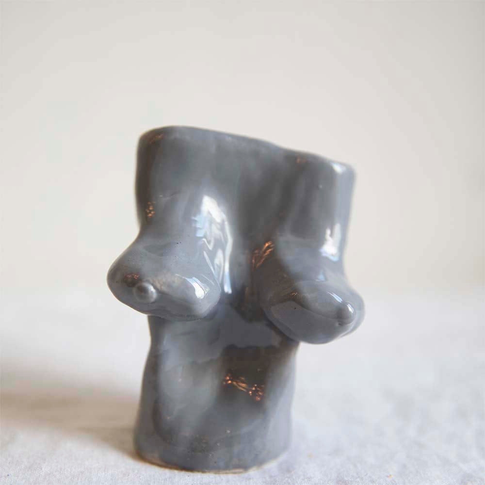 Handformed grey femme boobie sculpture by Kesley Malone for Busted Ceramics