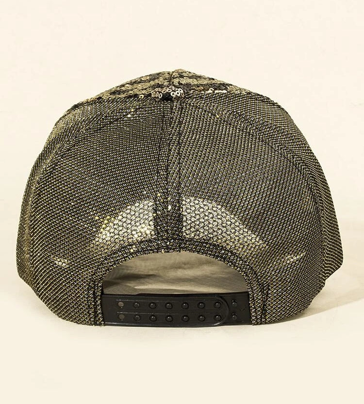 "Leopard Sequin Cap"

with our patented metal Label on it