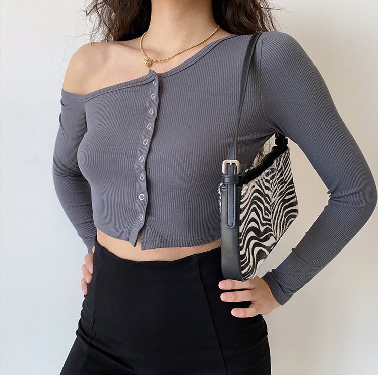 Off-Shoulder Asymmetrical Threaded Shirt – Pellucid