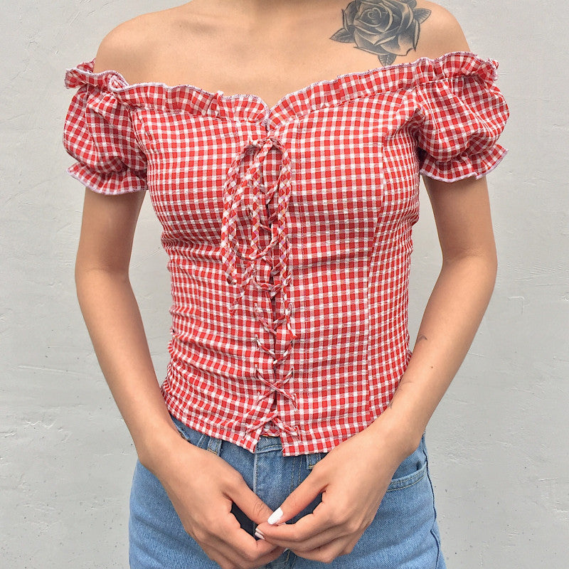 gingham lace up top