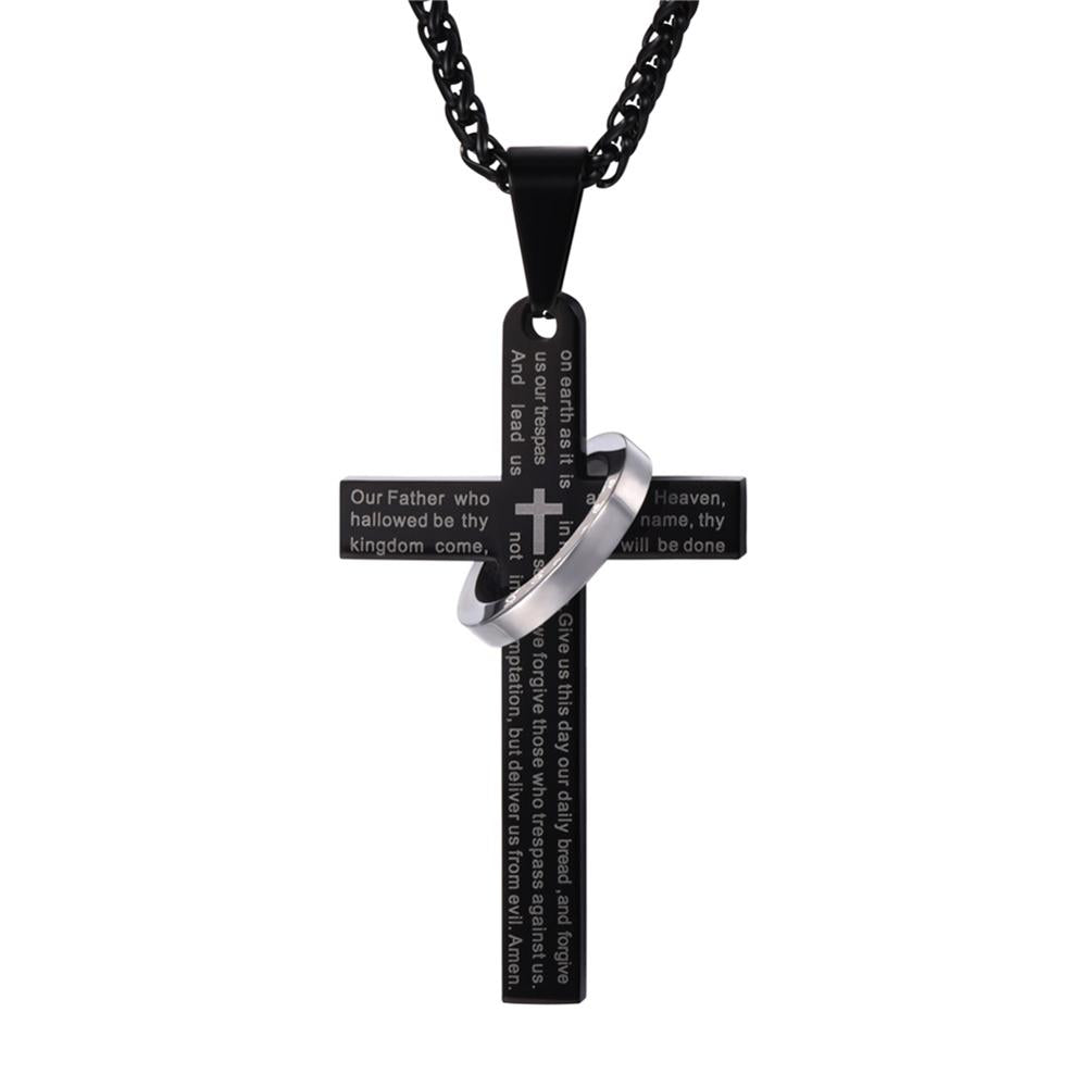 Lords Prayer Halo Ring Cross Necklace 