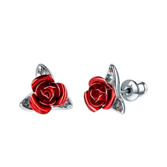 silver rose earrings