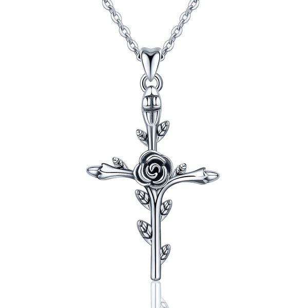 Womens Cross Necklace w/ Rose [925 