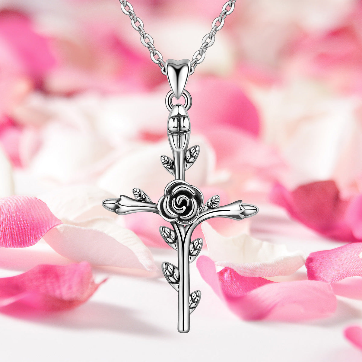 Womens Cross Necklace W Rose 925 Sterling Silver Jewelrify 