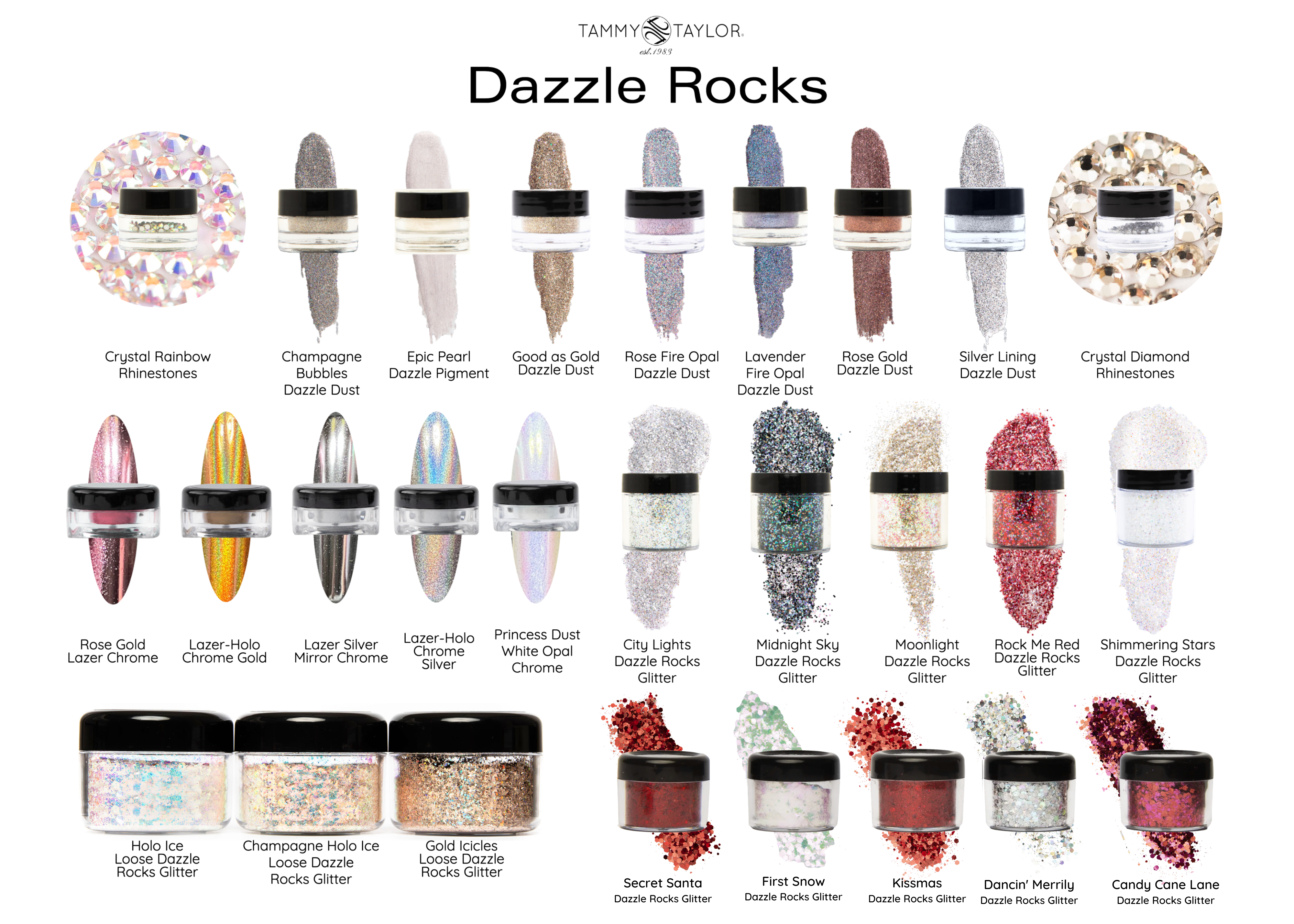 Explore a stunning range of nail glitter, chrome, and rhinestones with our nail art color chart - perfect for creating unique and dazzling manicures.