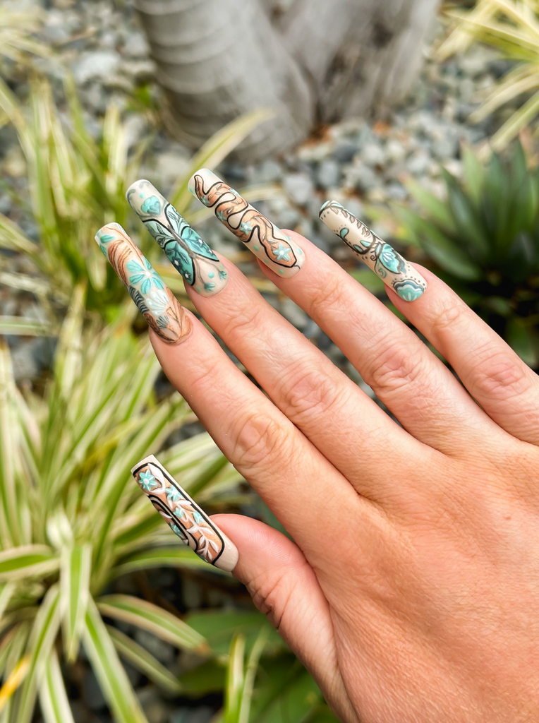 desert disco collection boho nail designs coachella festival nails stagecoach nails spring nail art xxl long square nail extensions the weekenders