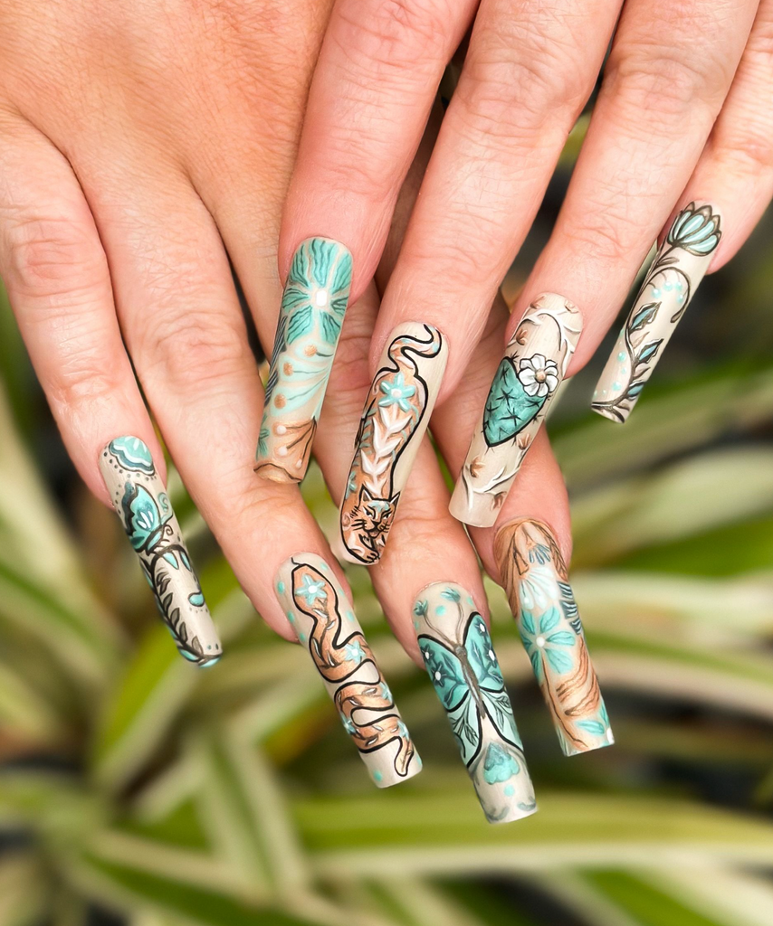 desert disco collection boho nail designs coachella festival nails stagecoach nails spring nail art xxl long square nail extensions the weekenders