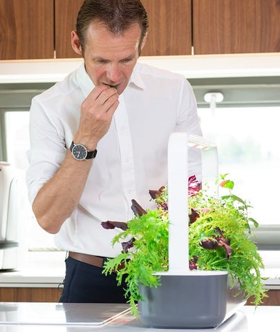 Man eating greens harvested from a Click & Grow smart garden.