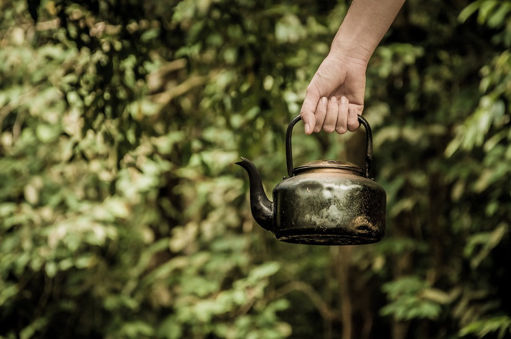 Rustic tin kettle being held outdoors.