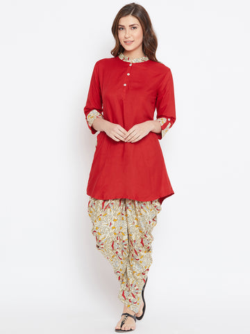 Red with Knitted Swirls Print Dhoti Set