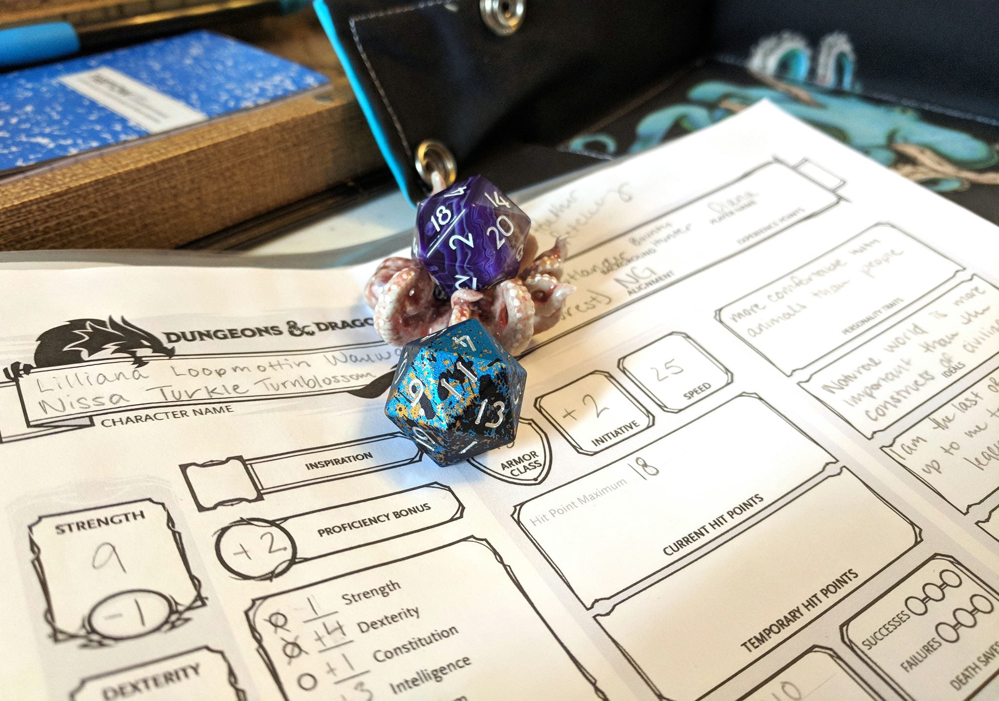 Dungeons and Dragons character sheet with Level Up Dice and Tentacle holder