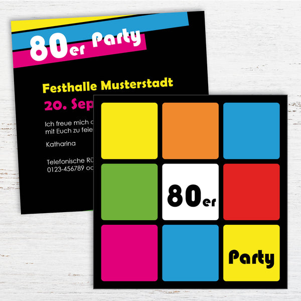 Quadratische Zauberwürfel Einladung zur 80er Jahre Party