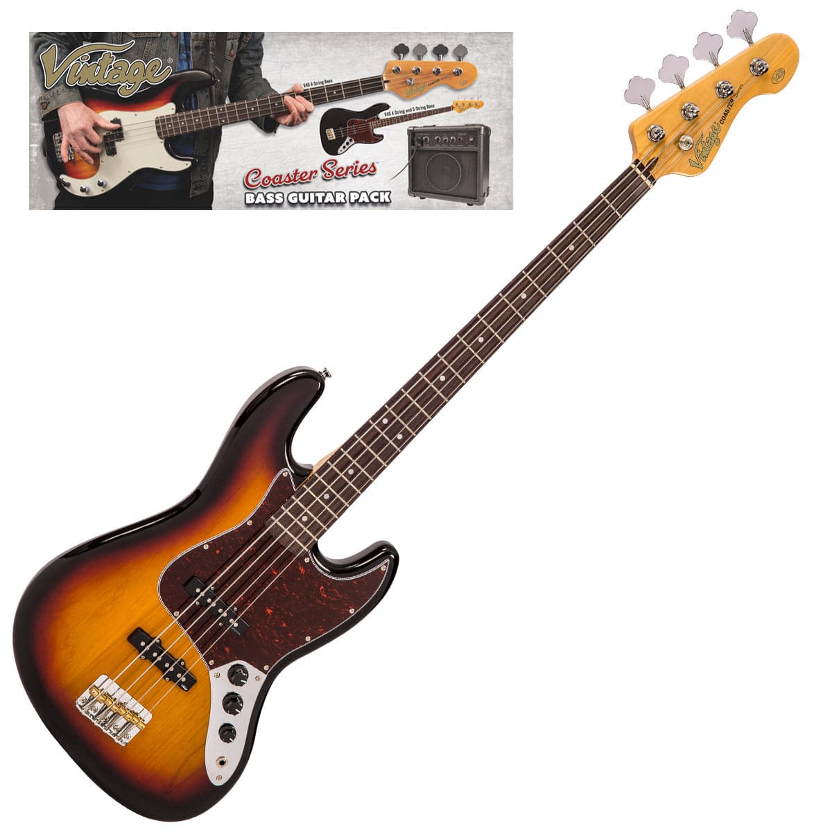 Vintage V40 Coaster Series Bass Guitar Pack 3 Tone Sunburst