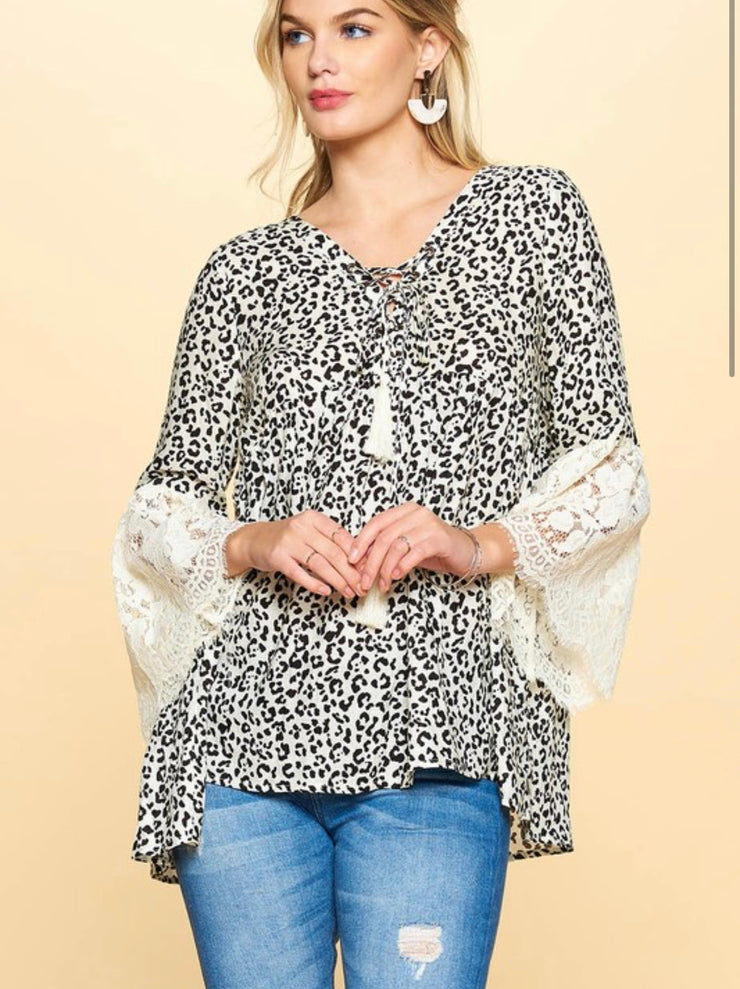 Ivory Leopard Print Blouse W/ Lace Bell Sleeves