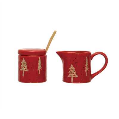 Hand-Stamped Stoneware Creamer and Sugar Set