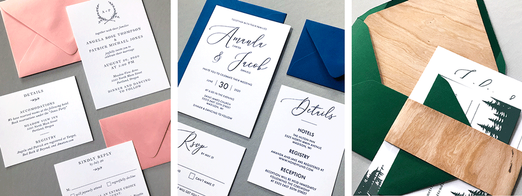 Semi-Custom-Wedding-Suites-Web-Banner-with-Ophelia-Suite-in-White-and-Pink-and-Cressida-Suite-with-Blue-Envelopes-and-Aurora-Suite-with-Wood-Envelope-Liner