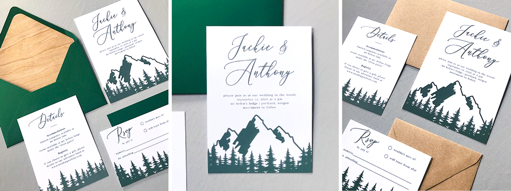 The Aurora Suite Web Banner - Semi Custom Wedding Invitation Collection with Green Trees and Mountains