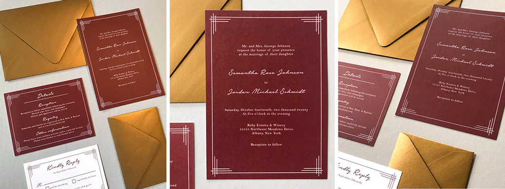 The Titania Suite Web Banner - Semi-Custom Wedding Invitation Collection with Classic Lined Borders - Shown in Dark Red and Gold