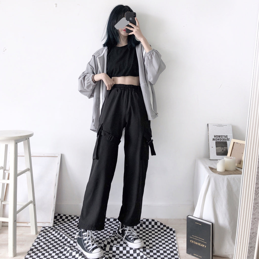 UNISEX FASHION BLACK POCKET WIDE LEG PANTS BY63059 | aleeby