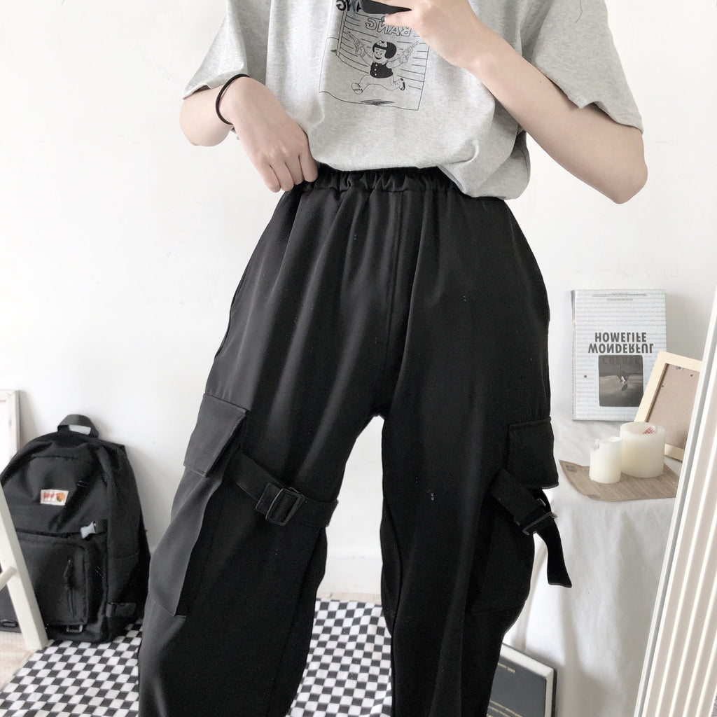 UNISEX FASHION BLACK POCKET WIDE LEG PANTS BY63059 | aleeby