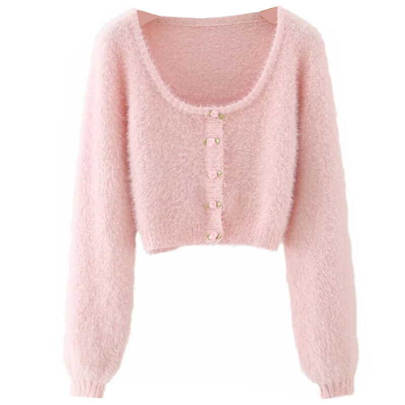 FRENCH STYLE PINK FLUFFY FLORAL CARDIGAN SWEATER BY90007 | aleeby