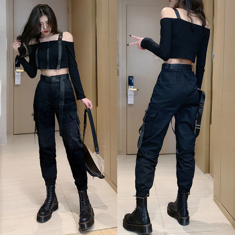 STREET FASHION BLACK OVERALLS PANTS SUIT BY63040 | aleeby