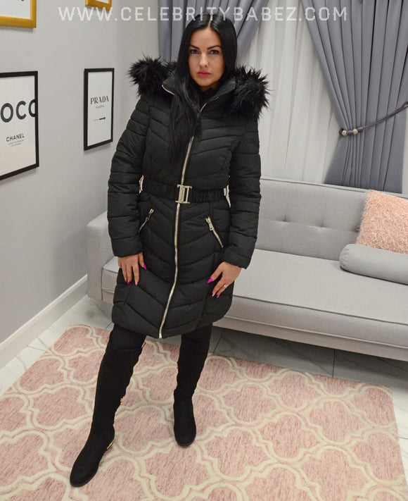 long puffer jacket with faux fur hood