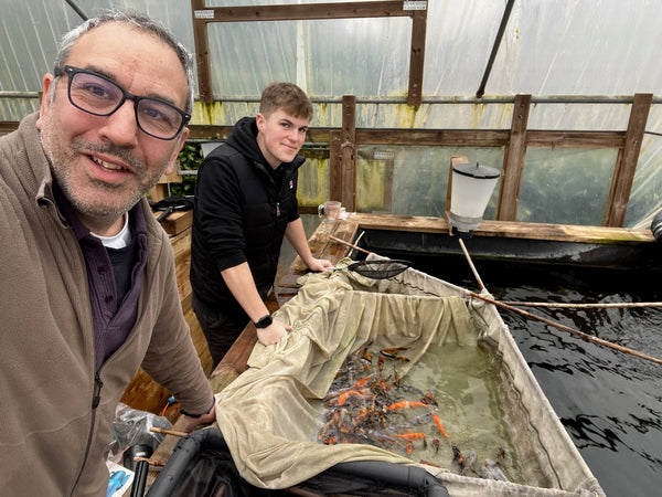 Myself and Bradley standing by the side of a growing on tank, with a net in the tank with the harvested koi