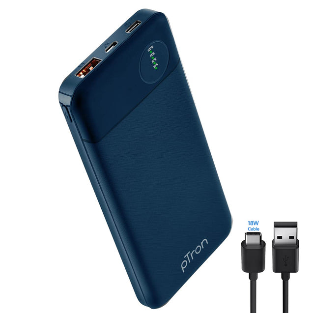 pTron Dynamo Pro 10000mAh 18W QC3.0 PD Power Bank, Made in India, Fast Charge, Type-C & Micro USB Input Ports, with 18W Type C Mini Cable for Smartphones & Other Smart Device - (Blue)