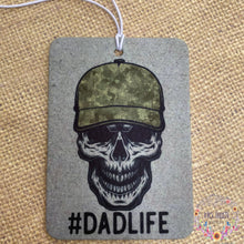Load image into Gallery viewer, Dad Life Sugar Skull Air Freshener, #DadLife Unscented Car Accessory, Rectangle Car Decor

