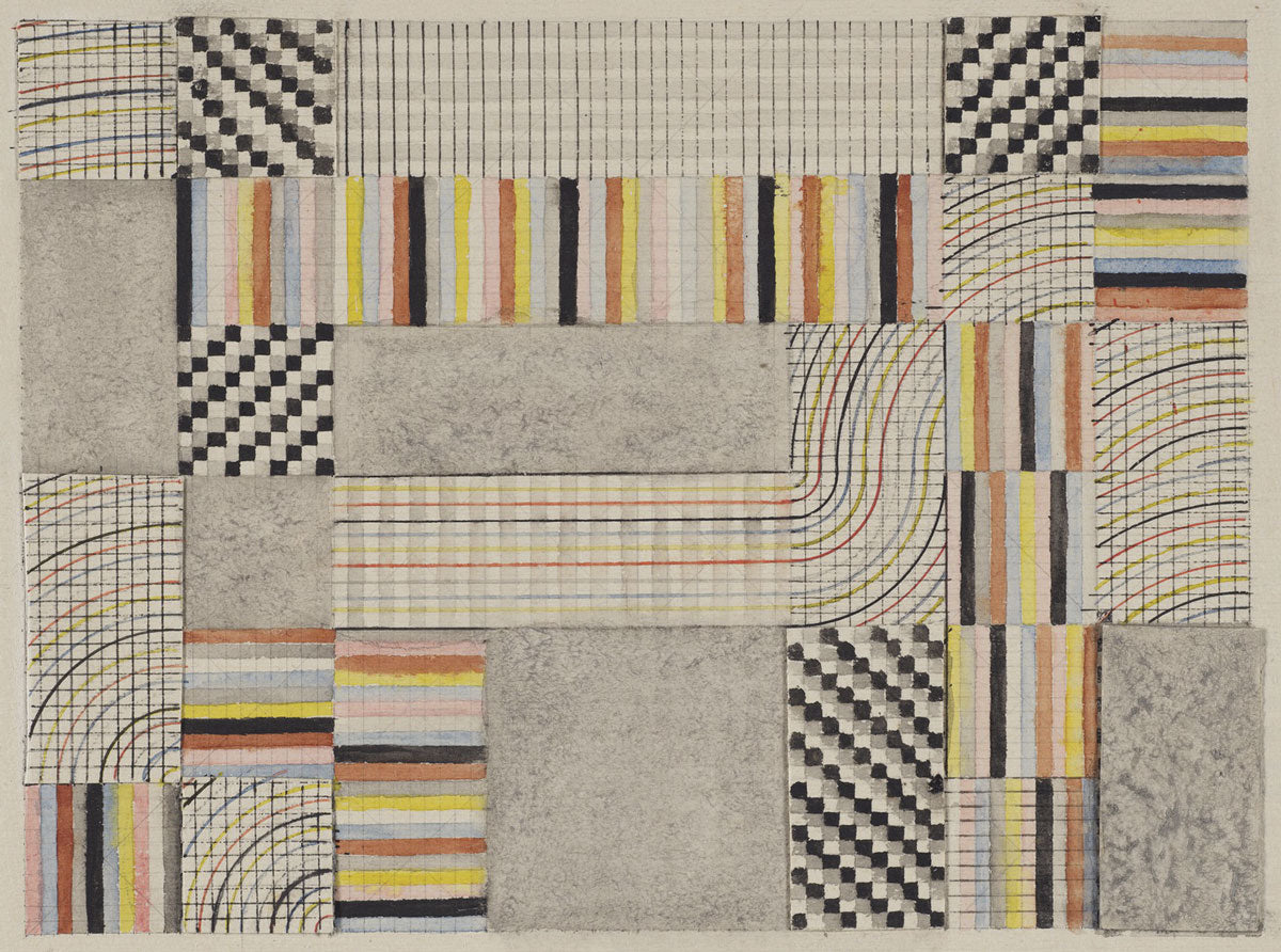 Anni Albers, Design for a ru. 1927. Tinta negra y acuarela sobre grafito con adiciones de papel cortado y dibujado en papel liso blanquecino. 