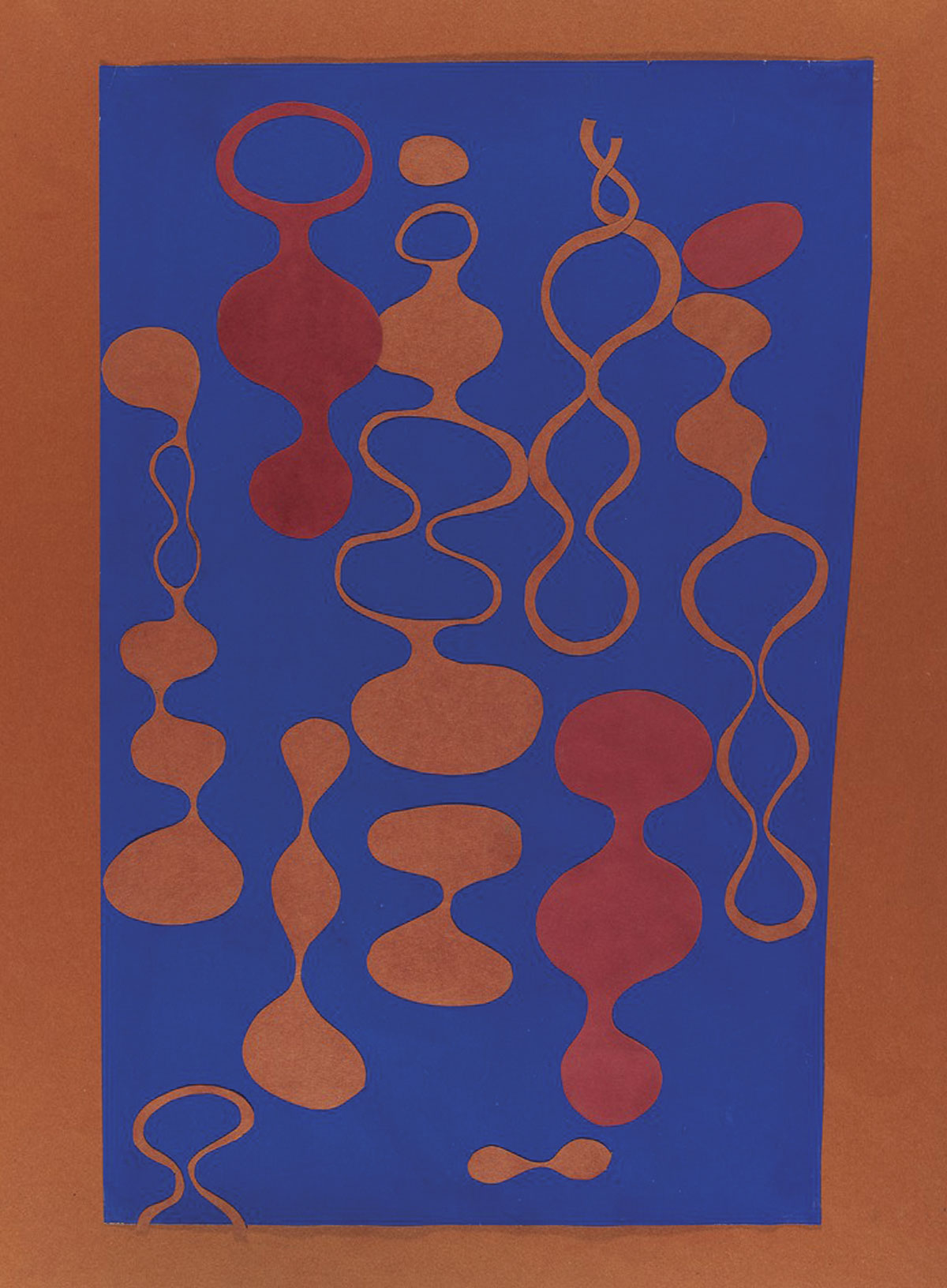 Ruth Asawa, Untitled, 1946-49. Collage, color cortado sobre papel preparado con acuarela opaca sobre papel liso naranja. 