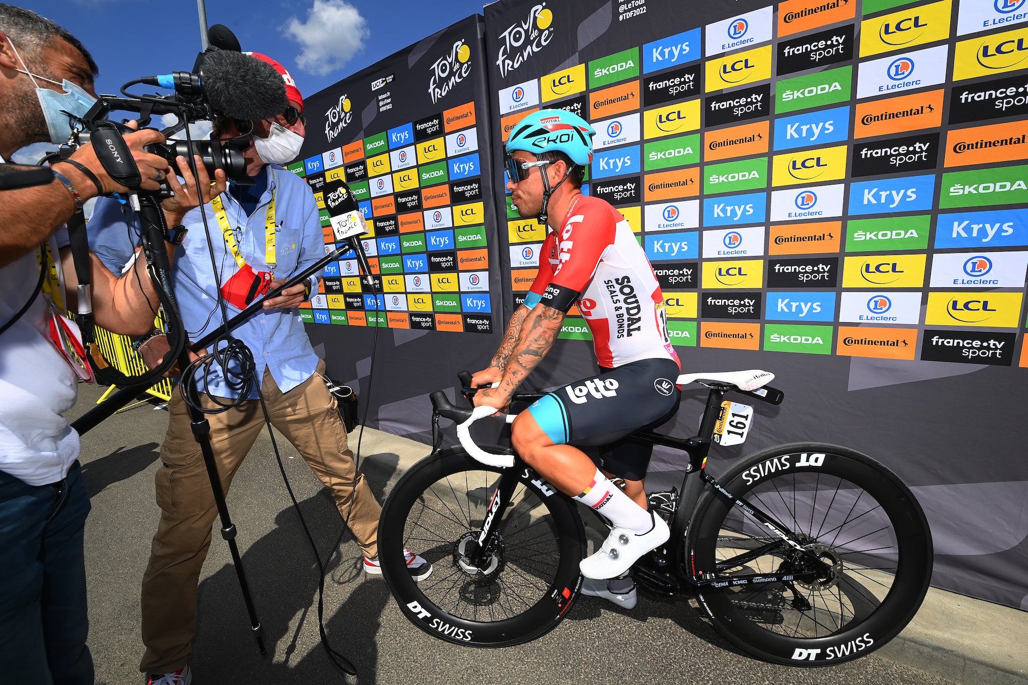 Caleb Ewan speaks to the press at the 2022 Tour de France