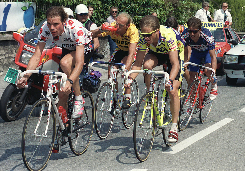 Greg Lemond and Pedro Delgado wearing Time shoes in 1989