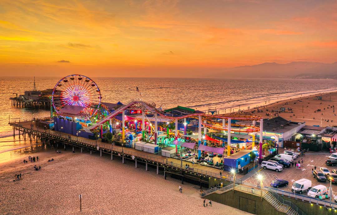 Santa Monica pier at sunset from the air