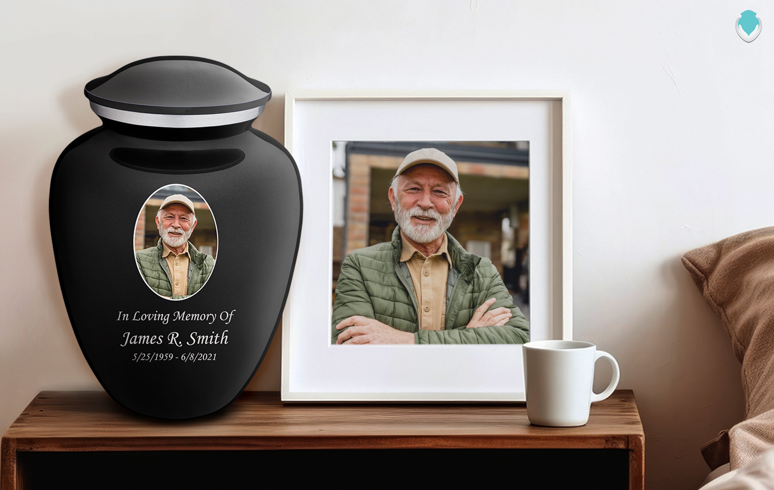 An elderly man's photo printed on a photo urn of black color