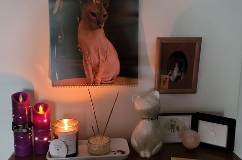 cat urn on mantel