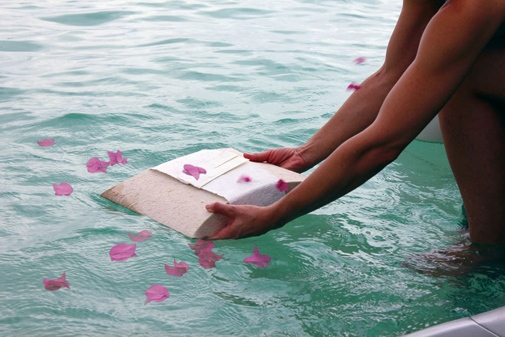 Biodegradable urn being placed in water by two hands