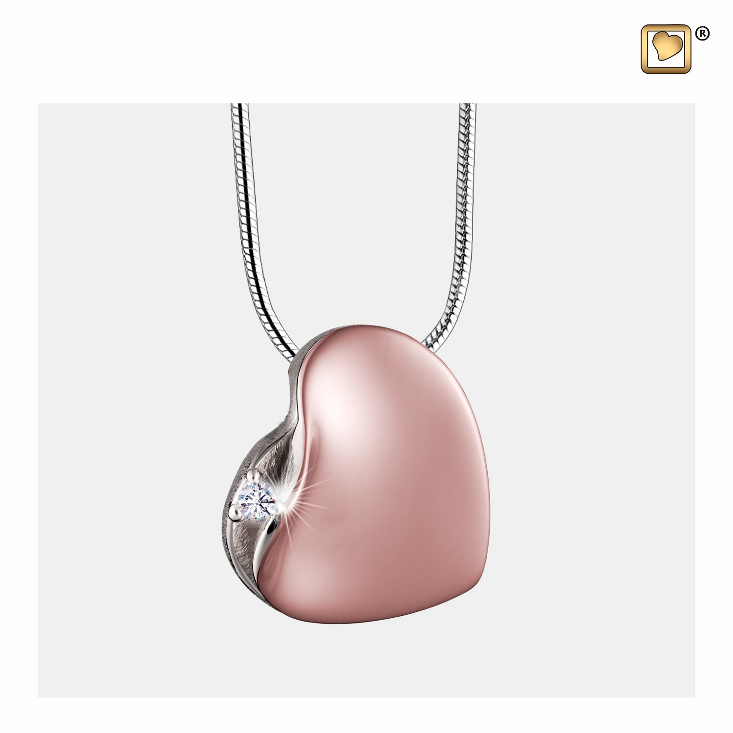 Rose Gold Leaning Heart with Crystal Sterling Silver Cremation Pendant