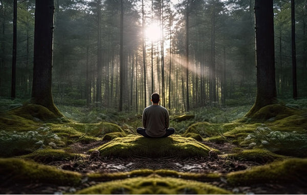 Man meditating in forest amongst tree of life cremation urns